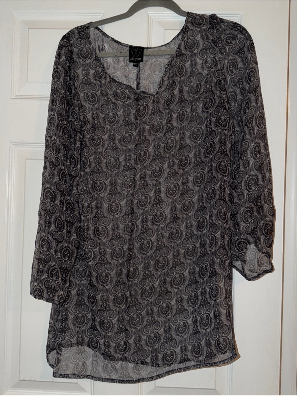 Ella Moss Women's Black Paisley Sheer Blouse beach coverup 100% silk